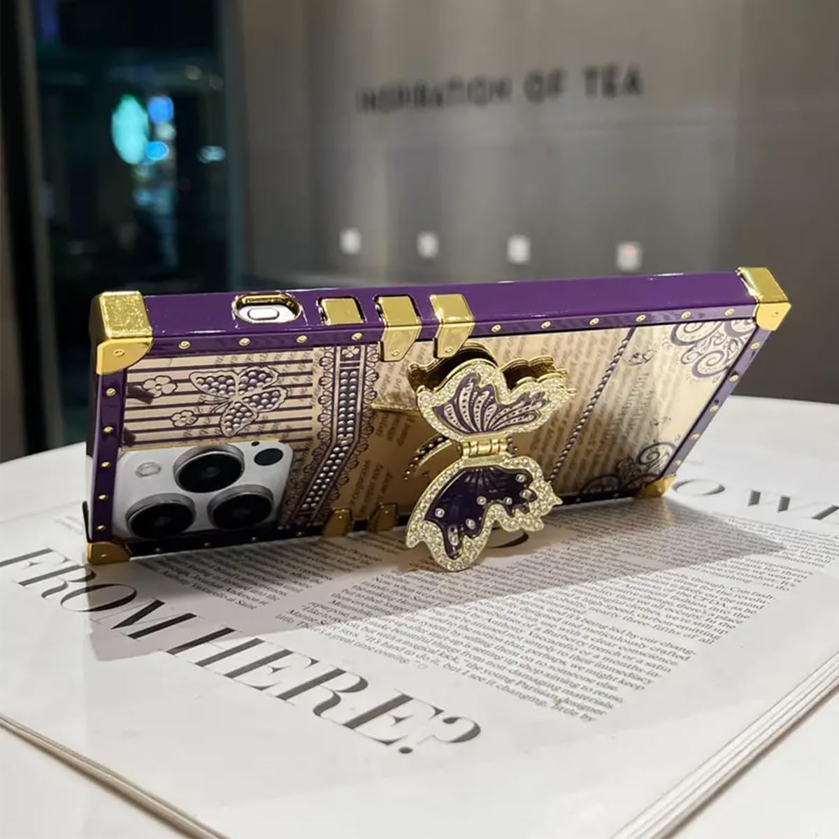 AuroiCYY for iPhone 15 Pro Max Butterfly Stand Case, Glitter Bling Foldable Kickstand Woman Girly Mirror Back Golden Plated Shockproof Protective Elegant Cute Soft Cover for iPhone 15 Pro Max (Purple) - Image 3