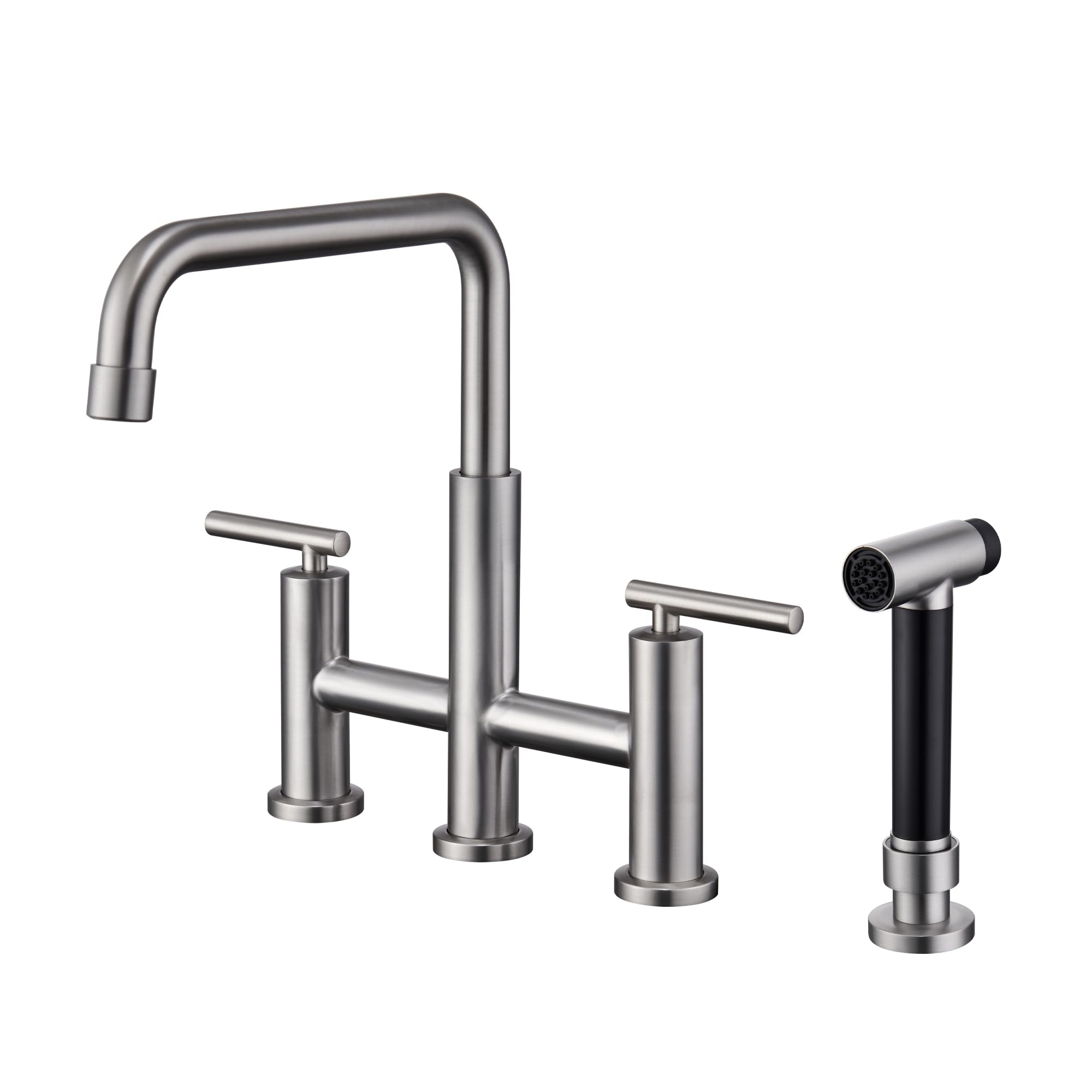 Bridge Kitchen Faucet with Side Sprayer High Arch 2 Handles Farmhouse Kitchen Sink Faucet with Pull-Out Side Spray, 360° Swivel Spout, 4 Hole, 8 Inch Centerset, Brushed Nickel