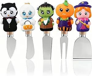 Halloween Cheese Spreaders Set of 5 - Silicone Halloween-Themed Handles, Wooden Handles, Gift Box - Perfect for Cream Cheese, Butter, Jam, Charcuterie Boards (Halloween Style)