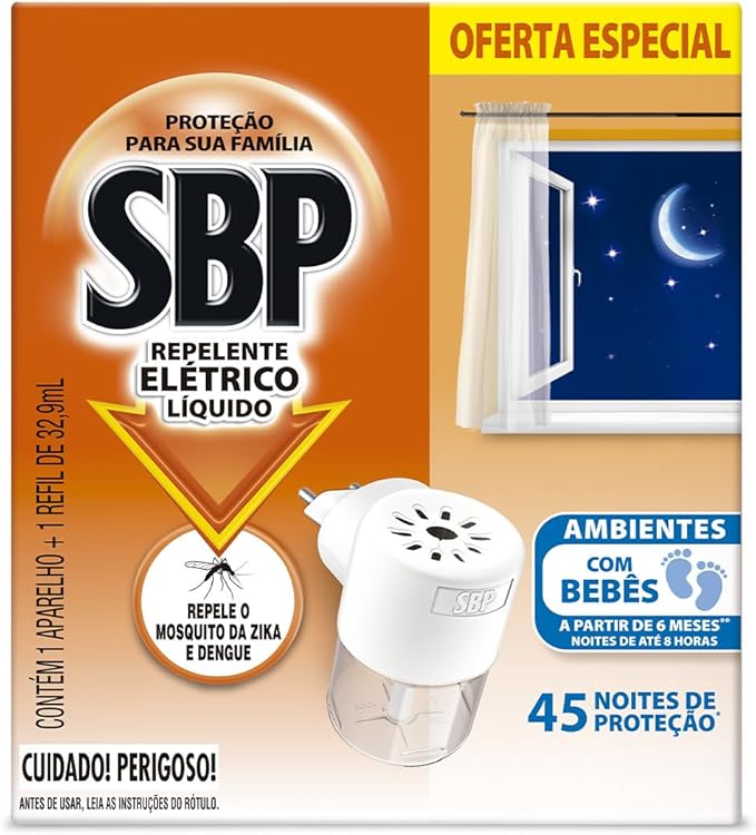 Embalagem do repelente elétrico SBP com aparelho branco e refil líquido, destacando a proteção para bebês e 45 noites de duração.