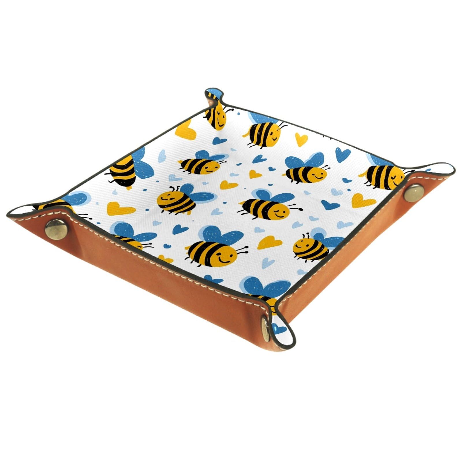 VAPOKF Cartoon Bee Portable Dice Rolling Tray, Microfiber Leather Dice Holder Game Box for D&D, RPG, Table Games or Desktop Phone Key Storage, 20.5 × 20.5 cm
