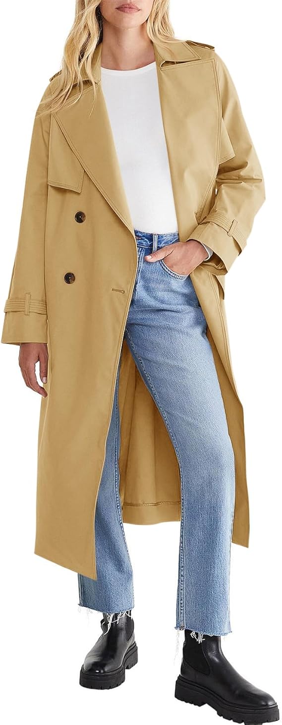 Cicy Bell Womens Long Trench Coat Double Breasted Classic Lapel Overcoat Fall Outerwear With Belt