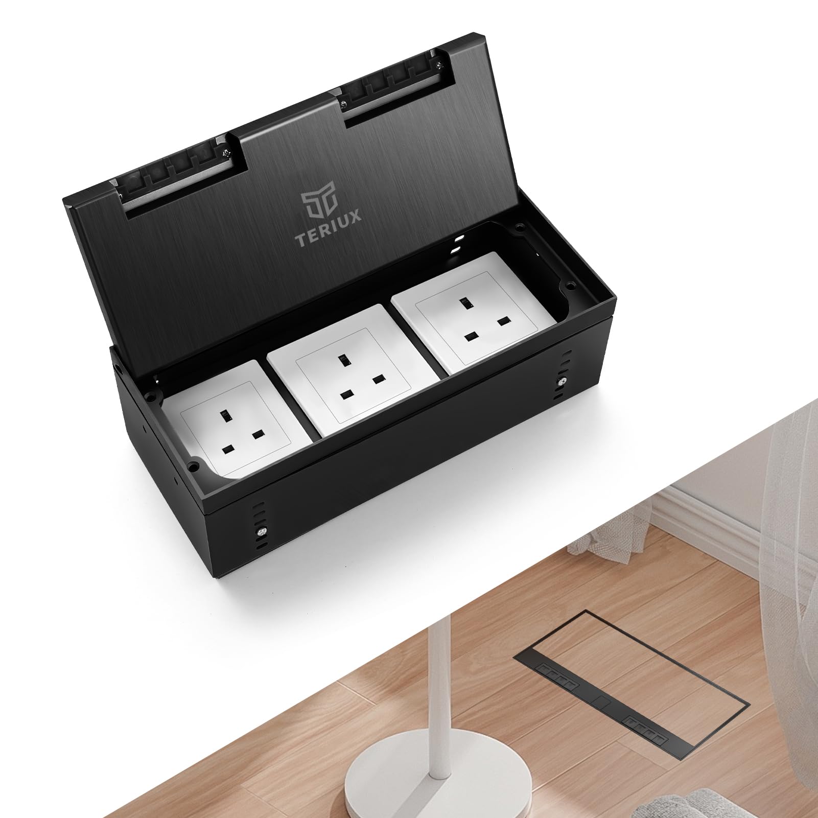 Recessed Floor Socket Box Kit, Hidden 3 x 13A Electrical Outlet with Waterproof & Scratch-Resistant Cover, Pop-Up Recessed Power Socket for Kitchen Worktops, Office Floors & Conference Tables (Black)