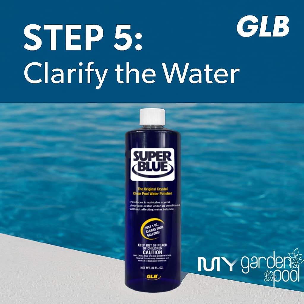 GLB Basic Start-Up Pool Bundle – 1 lb Supersonic Shock, Super Blue Clarifier, Sequa-Sol, Algimycin 2000 – with My Garden Pool Skimmer Socks, Scum Sponge & 7-in-1 Pool Test Strips