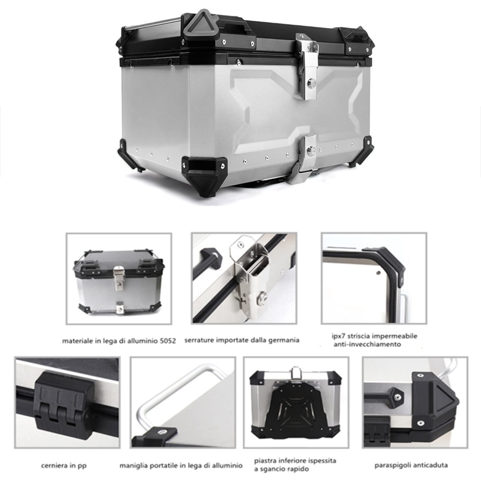 Motorrad-Topcase mit Großem Fassungsvermögen, Aluminium Motorrad Heckbox Reisen Motorradkoffer mit Sicherheitsschloss, Wasserdicht Motorrad Top Box,Silver-45L