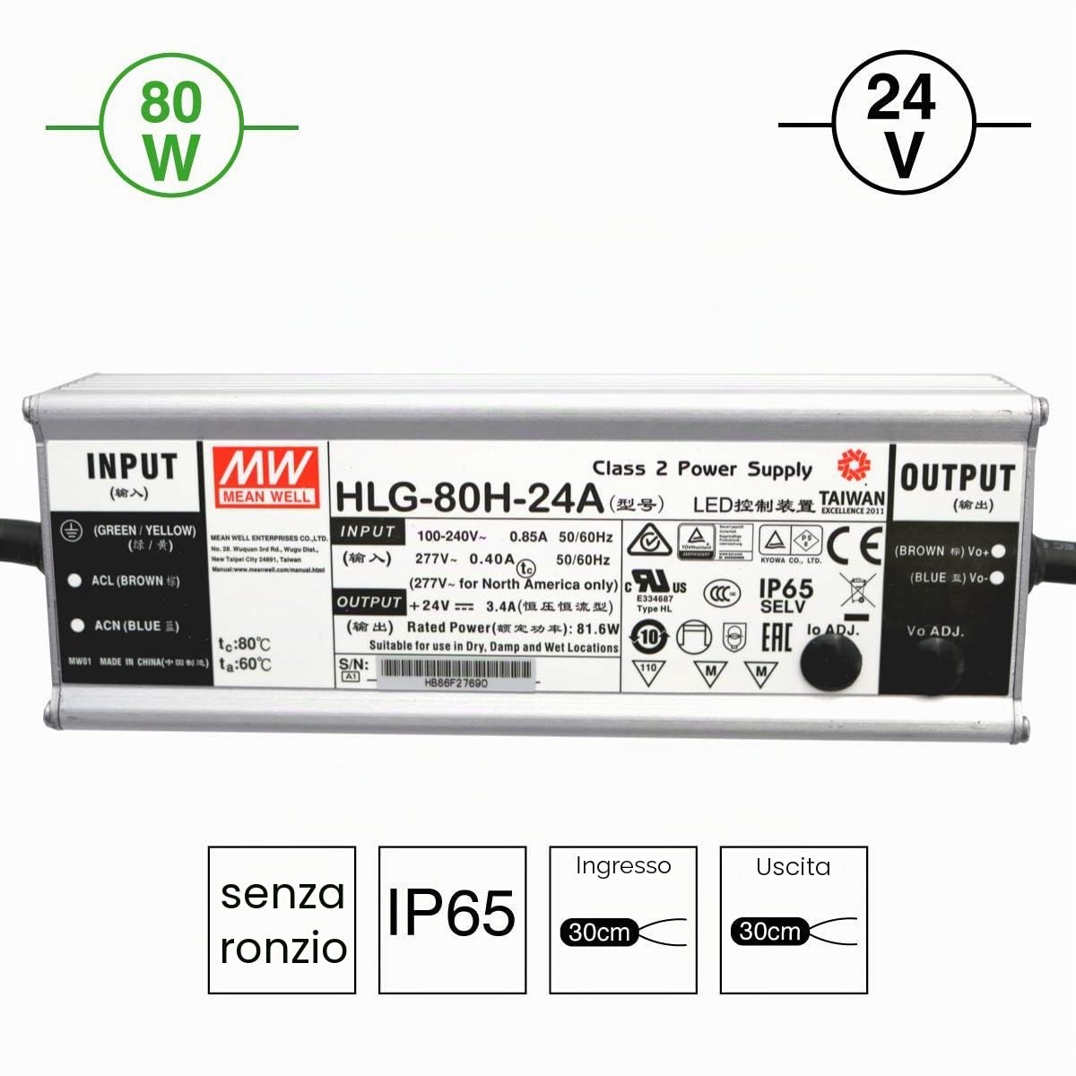 HLG-80H-24A: MEAN WELL Alimentatore LED 80 W, 24 V, IP65, tensione e corrente regolabili (24 V 80 W)