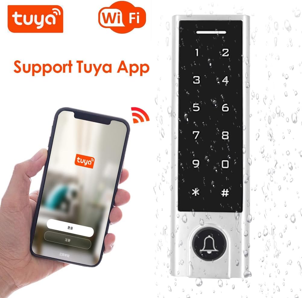 BSTUOKEY access control keypad next to a smartphone displaying the Tuya App interface, indicating WiFi support.