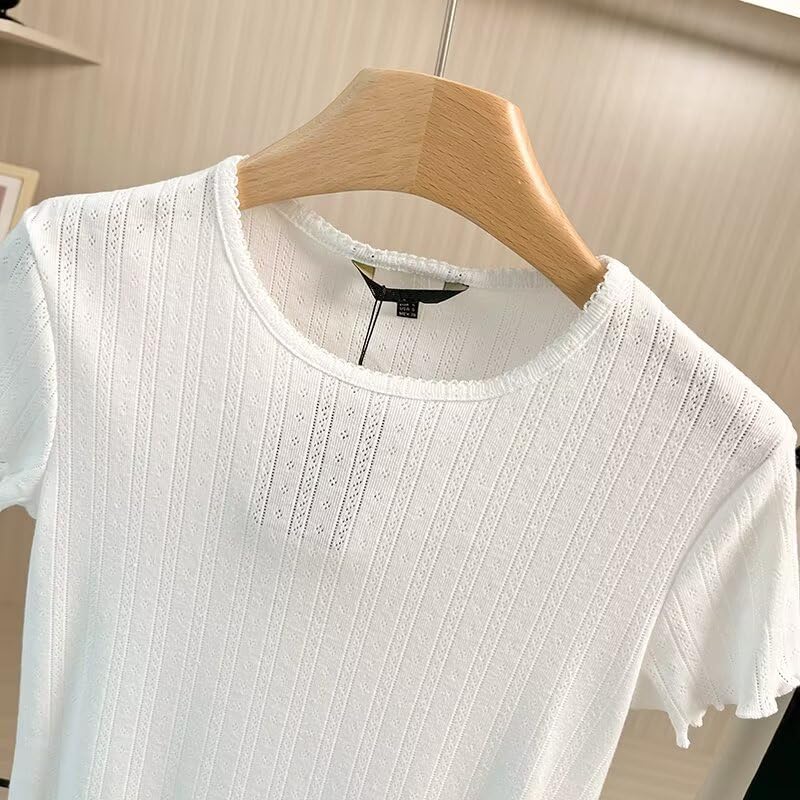 Nordic Minimalist Lace Embroidery Cotton T-Shirt Summer Round Neck Slim Fit Basic Short-Sleeved T-Shirt for Women4