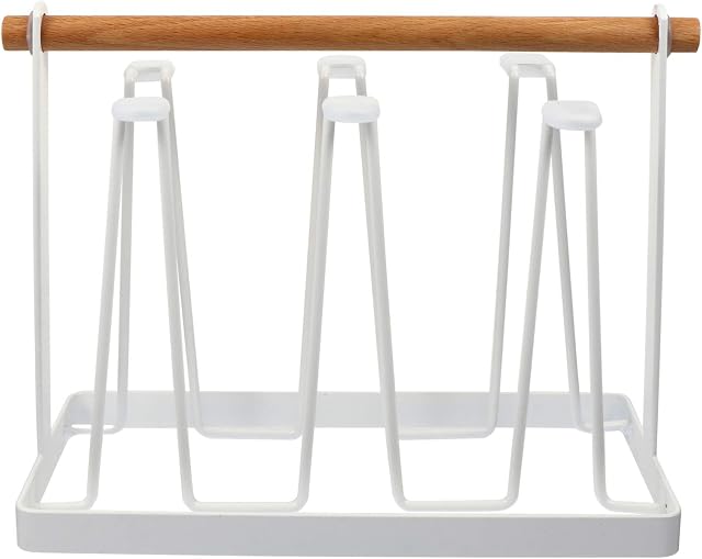 Cabilock Drying Rack Cup Drying Rack Dish Rack with Wood Handle Metal Bottle Drying Rack Mug Tree for Mugs Glasses Kitchen Countertop Storage White (6 Cups)
