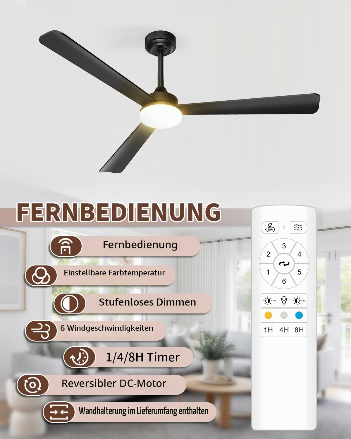 Deckenventilator mit Beleuchtung und Fernbedienung, 132 cm/52 Zoll, 3 Flügeln, Timer, 3 Farbtemperatur, 6 Geschwindigkeiten, Umkehrbar DC Motor, für Schlafzimmer Wohnzimmer