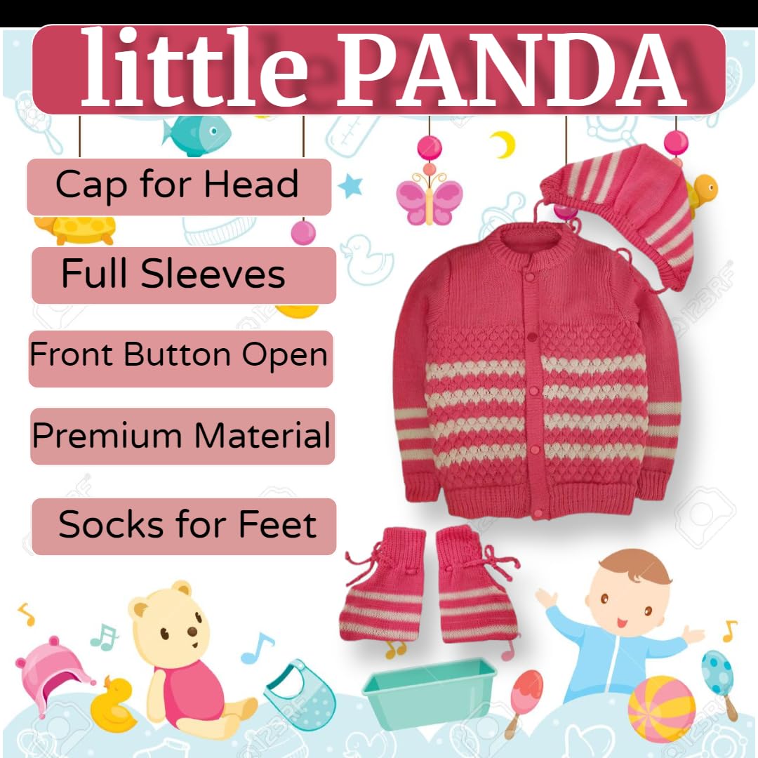 little PANDA Baby Sweater Baby Boy’s & Baby Girl’s Woolen Round Neck Long Sleeves Sweater, Cap & Booties Set Rani - Image 2 thumbnail