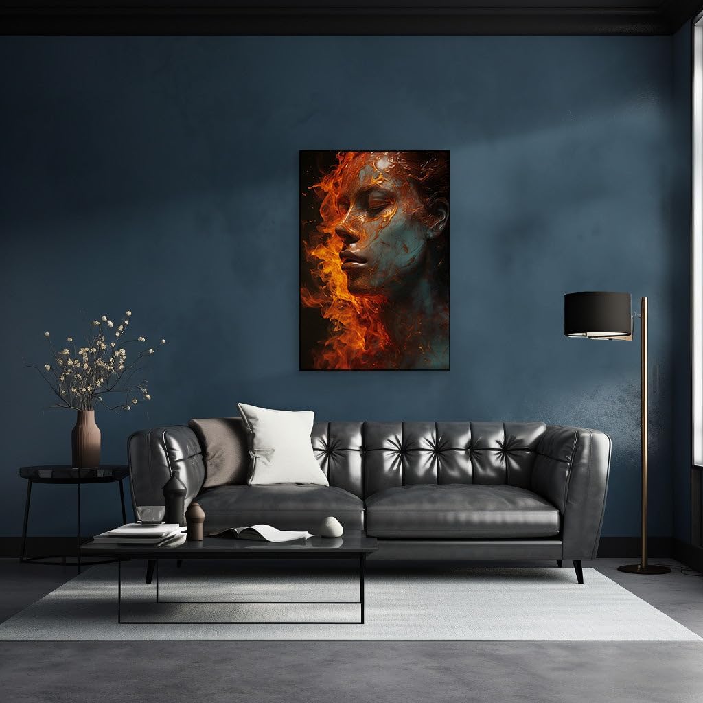 Canvas for Living room. Serenity Amidst the Inferno: A Vision of Meditative Grace, 27 x 18 inch Canvas Wall Art - Contemporary Masterpieces - Modern Home Decor