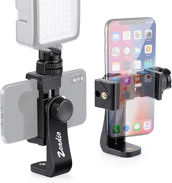 Zeadio Tripod Smartphone Mount, Cell Phone Holder Adapter Clamp with Cold-shoe Mount, Selfie Stick and Monopod Adjustable Clamp, Fits for iPhone, Samsung, Huawei and all Phones