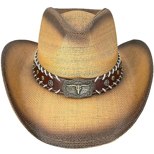 Image of SILVERFEVER Straw Cowboy Hat Cowgirl Hats Men Women Sun Hat Sombreros Vagueros Classic Western Accents Sombreros