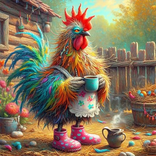 Image of AiYuanzsh Diamond Painting Kits for Adults, Farm Rooster 5D Diamond Art Kits for Adults Beginner, DIY Full Drill Round Diamond Painting Rustic Farmhouse Animal for Home Wall Decor 13.8x13.8 Inch