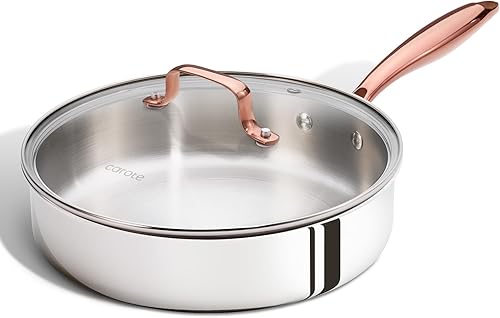 Miniatura 8 de CAROTE Sartén profunda de acero inoxidable de 10 pulgadas con tapa, sartén de 5.5 cuartos de galón con boquilla de vertido, utensilios de cocina de