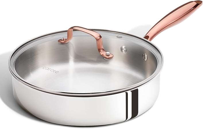 CAROTE 10" Tri-Ply Stainless Steel Deep Frying Pan with Lid,