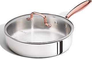 CAROTE 10" Tri-Ply Stainless Steel Deep Frying Pan with Lid, Non-Toxic Saute Pan, Oven Safe, Induction, Ceramic and Gas Co