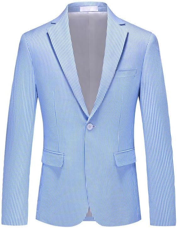 Men’s Vertical Striped Seersucker Blazer Notch Lapel Single Button Jacket