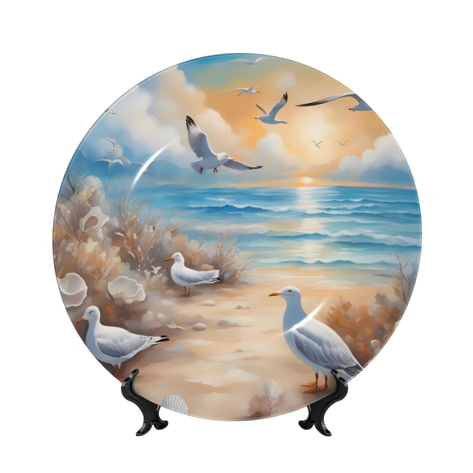 SXZVVBN Many cute seagulls Bone China Decorative Plate Art with Stand Removable Adhesive Hanging for Home Office 7in