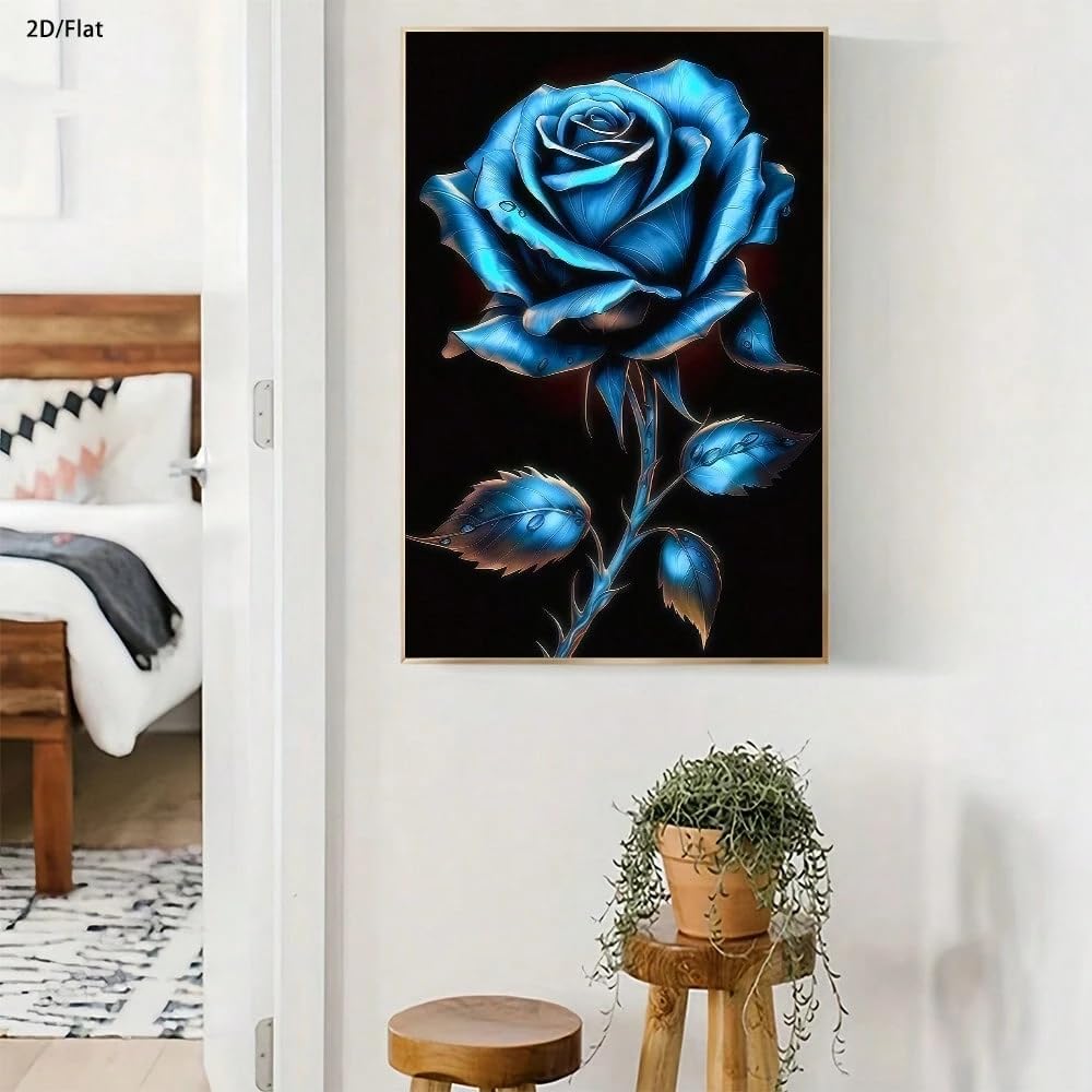 VCBNUGH Stampa su tela con motivo floreale metallizzato, decorazione murale con fiori blu a forma di goccia di rugiada, poster su tela, quadro per la decorazione della casa (50x70 cm/con cornice)