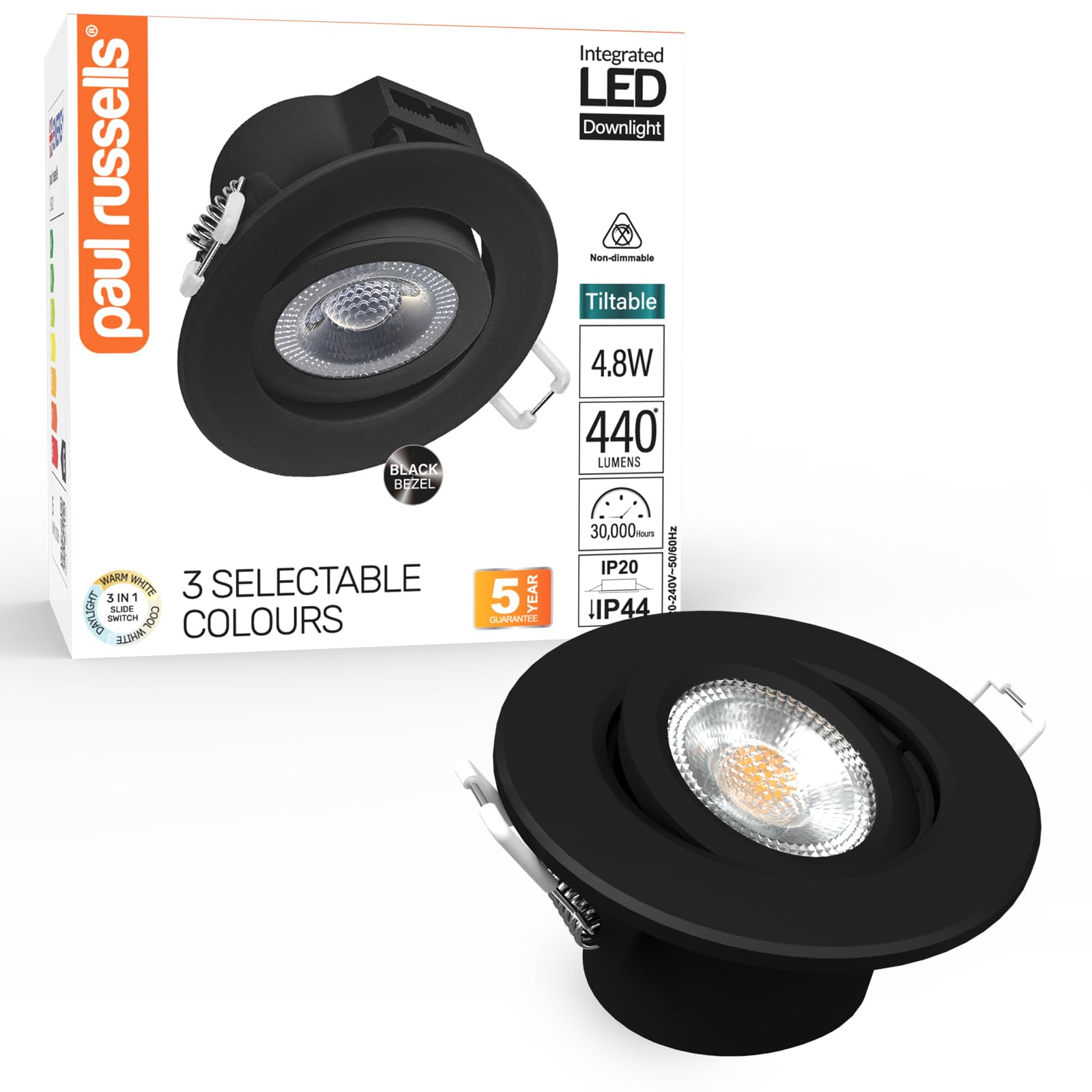 Paul Russells Black Led Recessed Tilt Downlights, 4.8W 440Lm, Adjustable Warm/Cool/Day White Cct, Ip44 Rated, Not Dimmable, Round Spotlights For Kitchen, Living & Bathroom, Hallways Ceilings 1-Pack (Black)