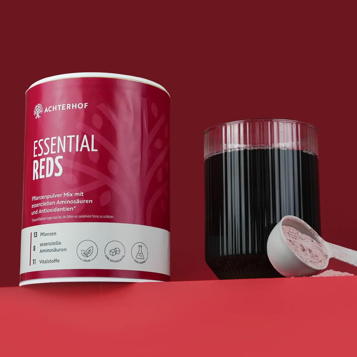 Essential Reds Pulver 360g | Superfood aus roten Beeren und Gemüse | rote Beeren, Antioxidantien, essentielle Aminosäuren und Vitalstoffe | für 60 Tage | Achterhof