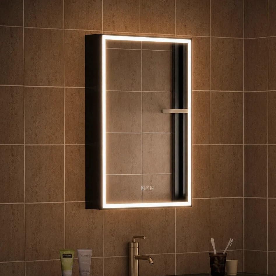 WELLFOR 20" X 30" LED Mirrored Medicine Cabinet, Medicine Cabinets with Lights for Bathroom, Defogging Function Mirror Cabinet, Bathroom Medicine