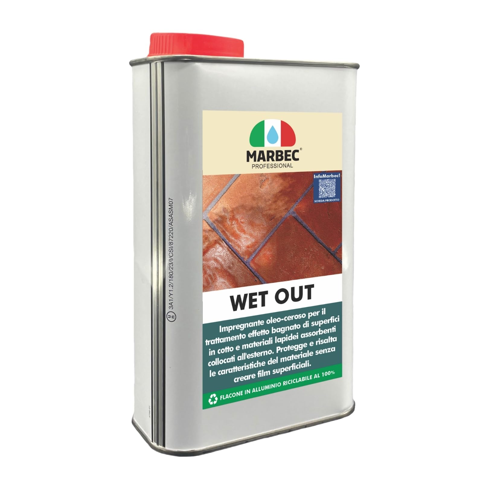 MARBEC WET OUT 1LT Impregnante oleo-ceroso per cotto e materiali lapidei esterni. Protegge e valorizza il materiale esaltando la bellezza naturale con effetto bagnato.