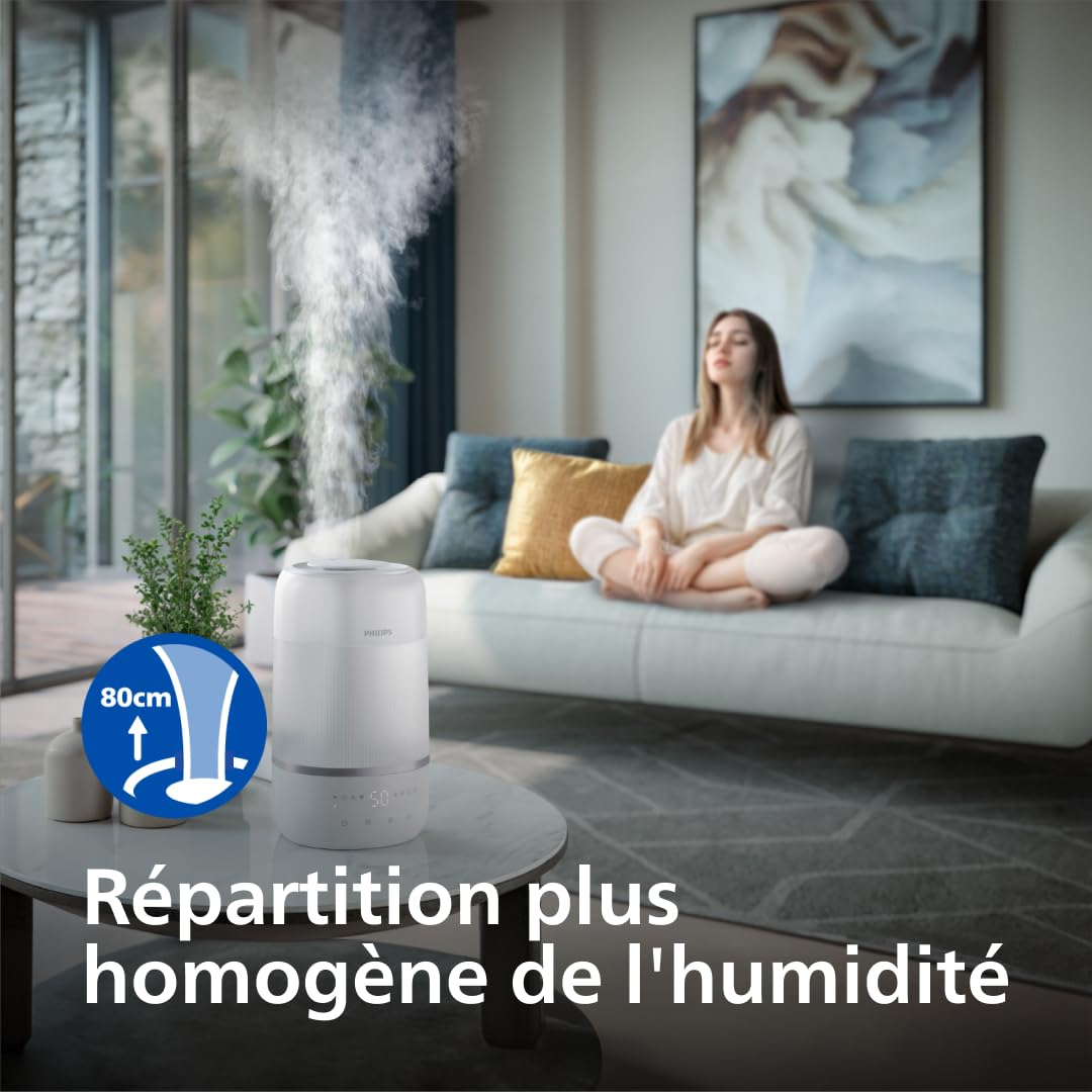 Philips Humidificateur intelligent - Compact mais puissant avec Sky High Mist, jusqu'à 32 heures d'autonomie, silencieux avec réglage du sommeil et veilleuse, pour jusqu'à 38 m² (HU1509/00)