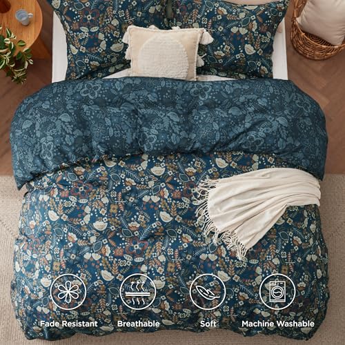 Image of Bedsure Duvet Cover King Size - Reversible Floral Duvet Cover Set with Zipper Closure, 3 Pieces Navy Blue Bedding Set with 8 Corner Ties and 2 Pillow Shams 20 inchx36 inch