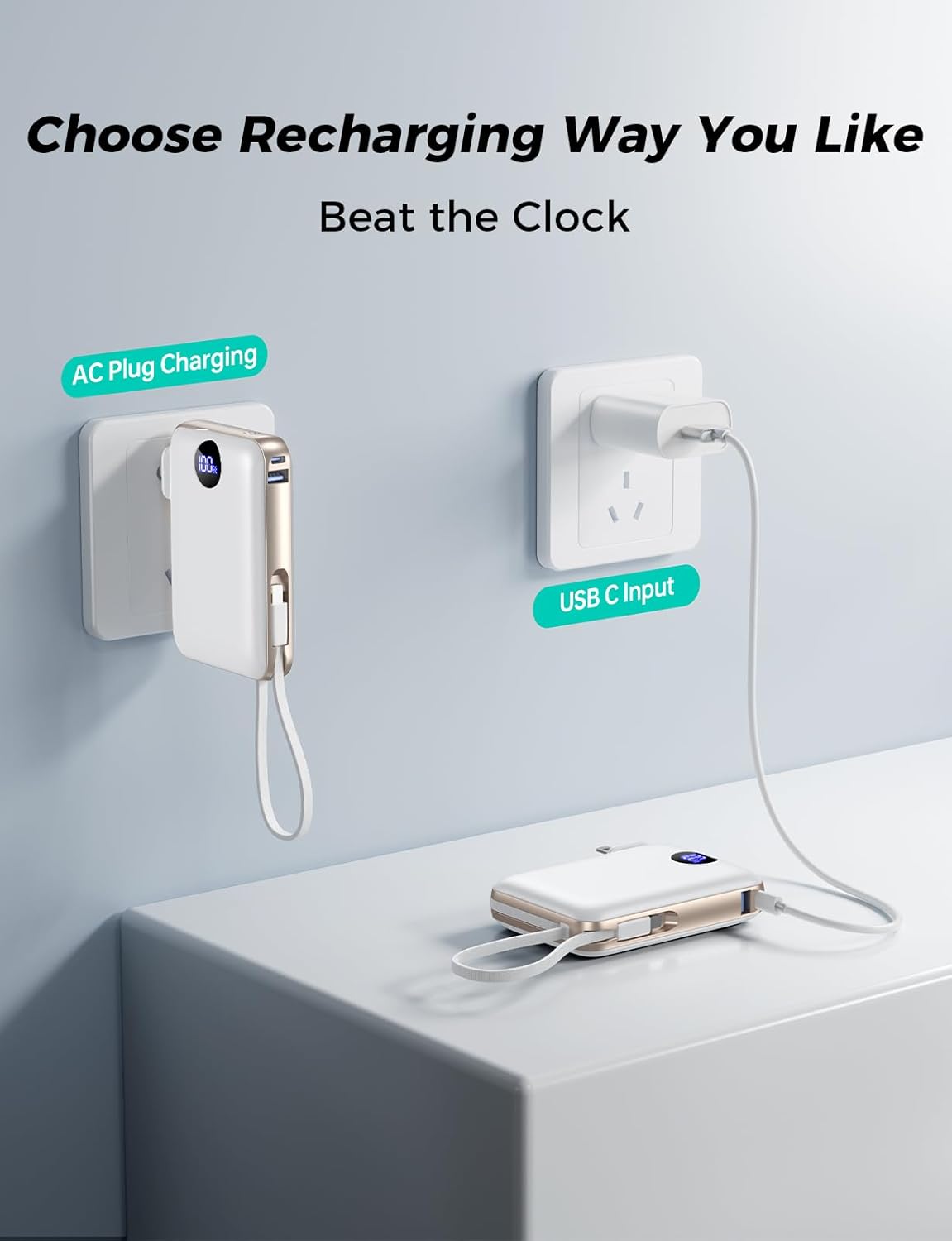 Portable Charger with Built in Cables & Wall Plug,10000mAh Power Bank, 4 Outputs,22.5W USB C Fast Charging,Slim Travel Essential Battery Pack with LED Display for iPhone 17/16/15/14 Series, - Image 4