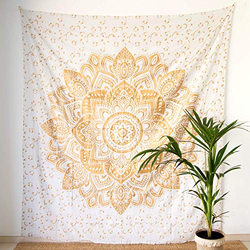 MOMOMUS Wandteppich Mandala - Golden - 100% Baumwolle, Aesthetic, Mehrzweck (Weißgold E, 210x230 cm) – Bild 3
