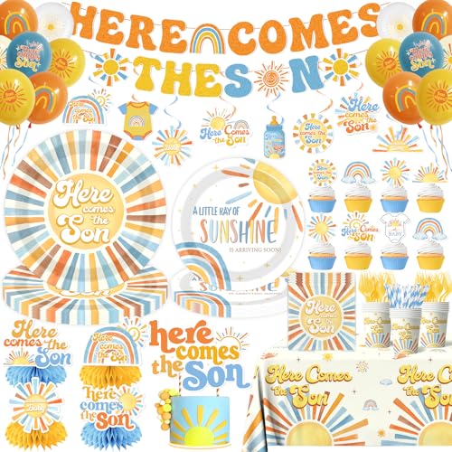 Here Comes The Son Baby Shower Tableware Decor for Boys Boho Rainbow Sun Themed Party Decorations Disposable Banner Tablecloth Plates Napkin Balloon Cupcake Topper Serve 24