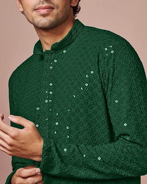 Image of Men's Rayon Blend Lucknowi Sequence Kurta Pyjama (Chickankari)