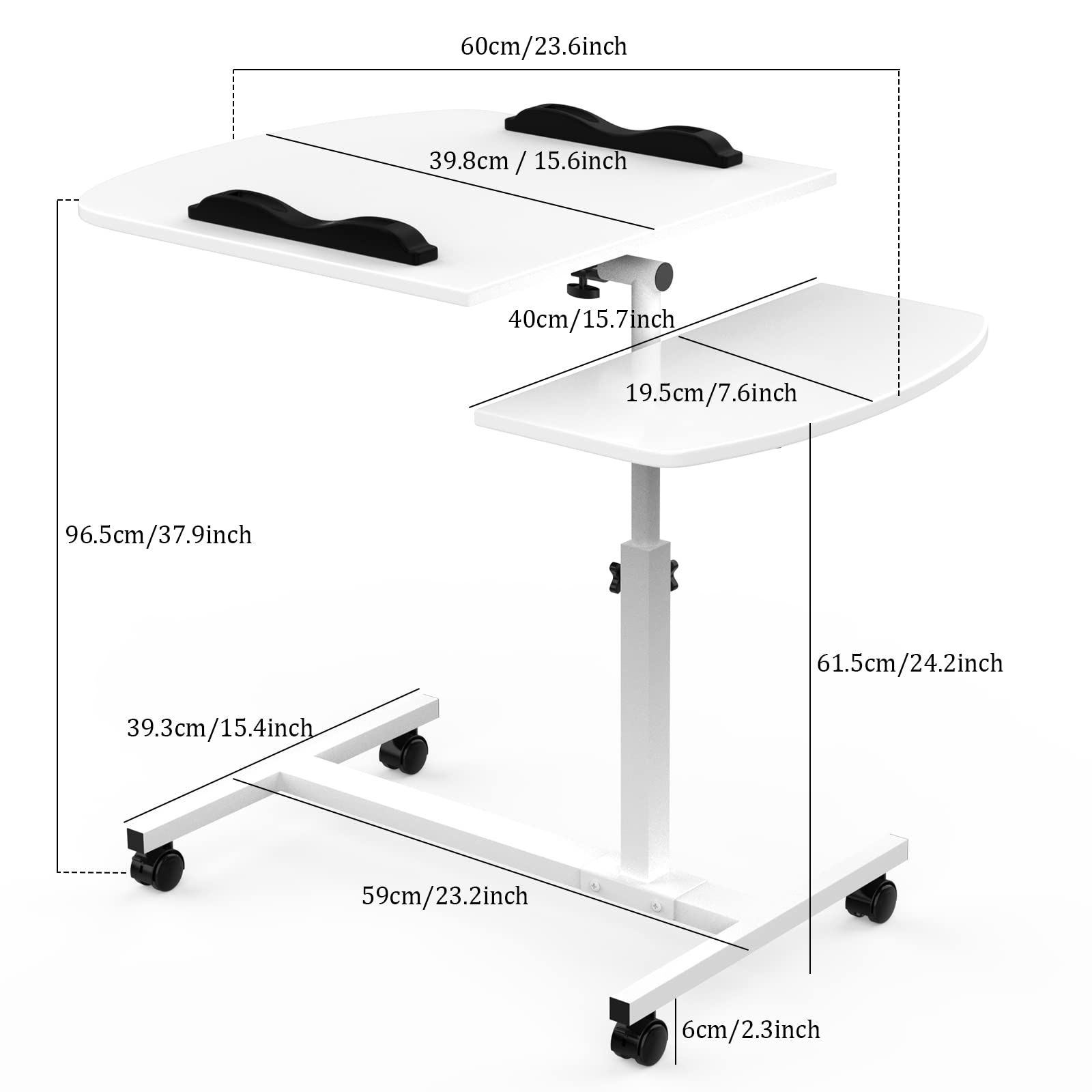 Mesa Auxiliar para Ordenador portátil, Mesa Auxiliar con Ruedas, Mesa Auxiliar Sofa y Cama, Mesa Auxiliar Regulable en Altura 61,5-95cm, Escritorio pequeño móvile, 61,5-95x60x40 cm, Blanco