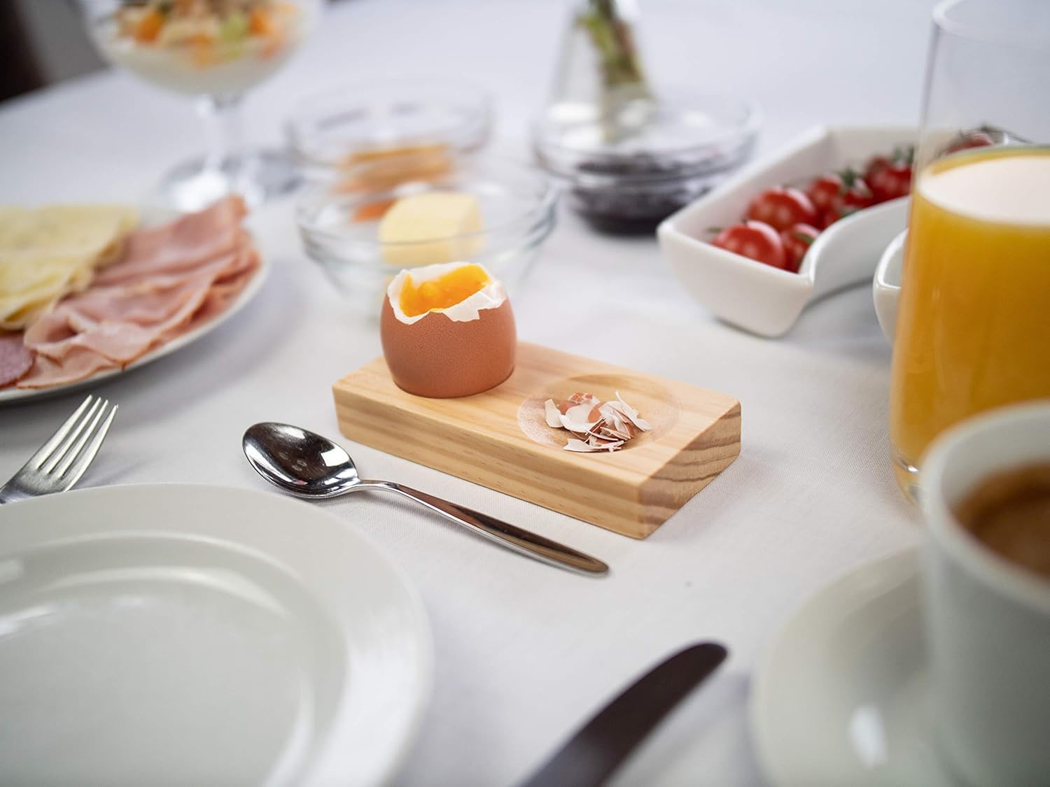 TOPTZON Wooden Egg Cups for Soft Boiled Eggs - Modern Unique Design for Breakfast Boiled Egg Holder - No More Eggshells on Table or Plate - Egg Cup Easter Gift Set of 4