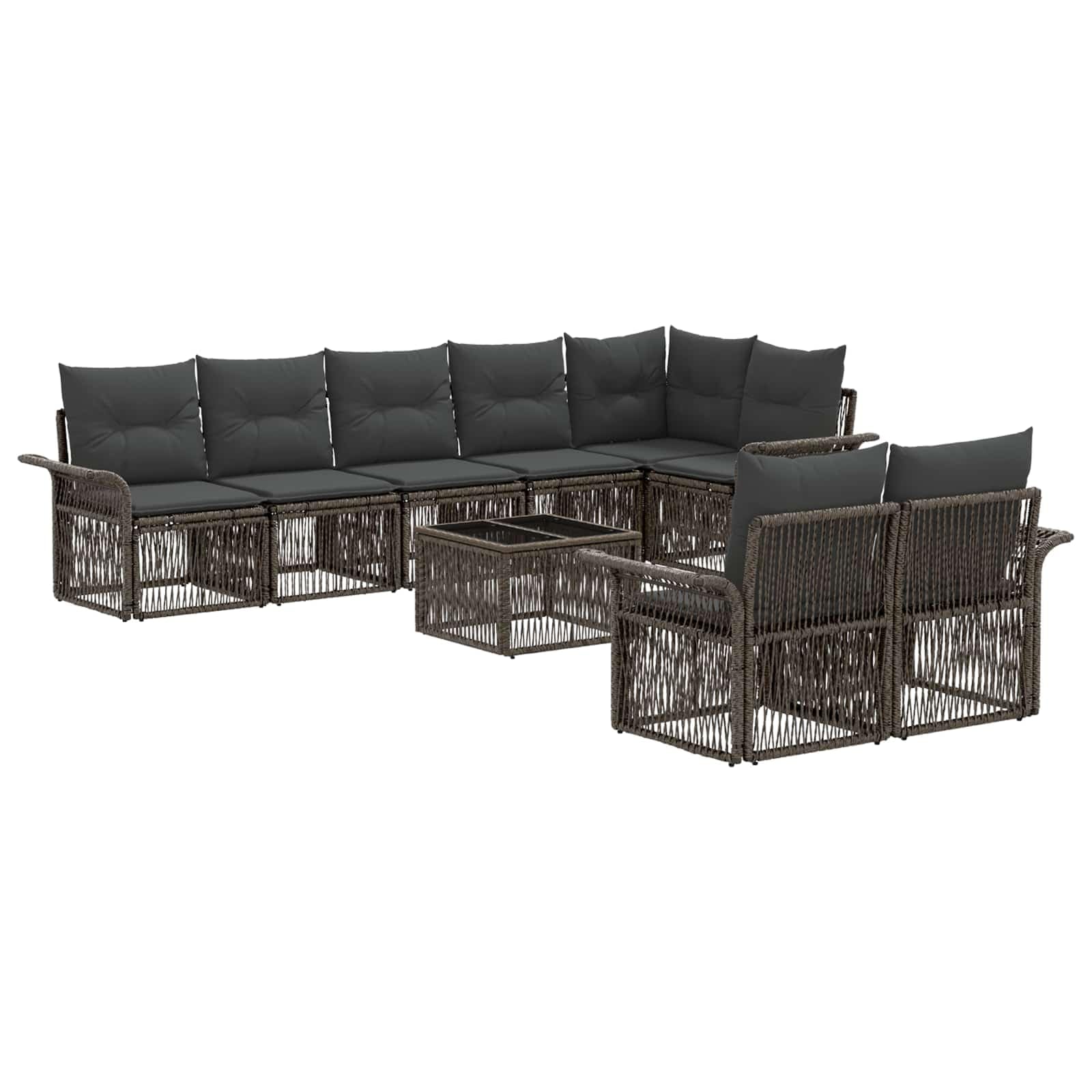Set di divani da giardino in polyrattan, 9 pezzi, grigio | Set modulare in rattan per terrazza e giardino con 8 posti, federe rimovibili e tavolo in acciaio.
