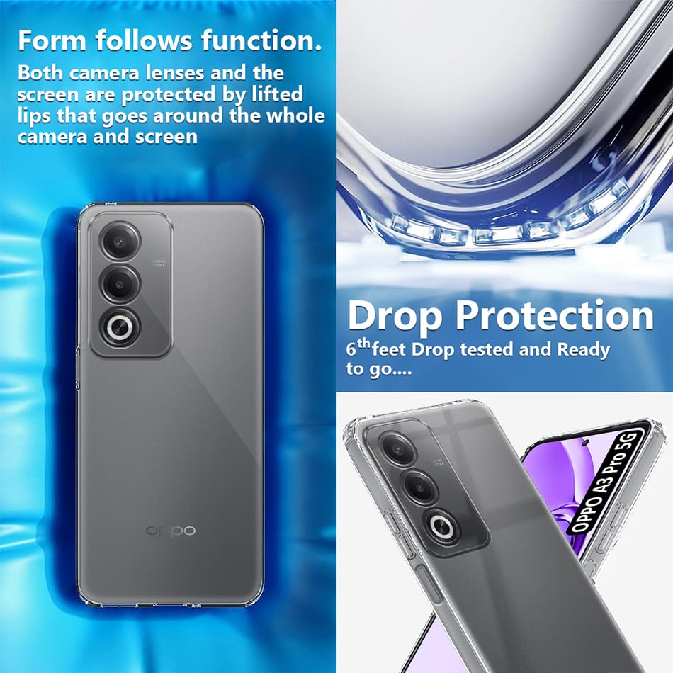 Image of Fashionury Crystal Clear Case for Oppo A3 Pro 5G | Yellowing Resistance | Transparent TPU Silicone | Raised Camera Lips | Slim Transparent Cover
