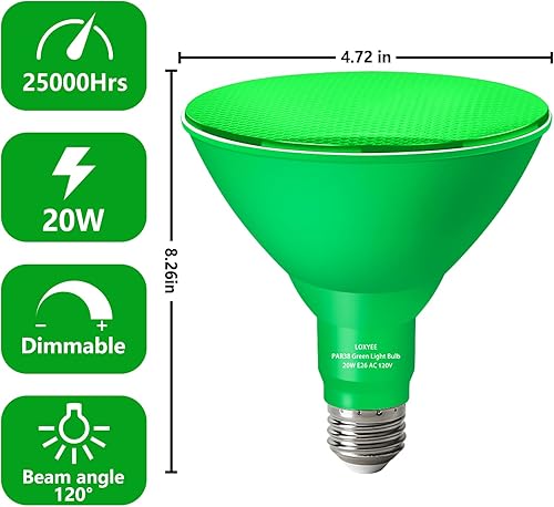 Miniatura 2 de PAR38 - Bombilla verde de inundación, paquete de 4 unidades, regulable, luz de inundación verde de base E26 para exteriores (20 W de reemplazo a 200
