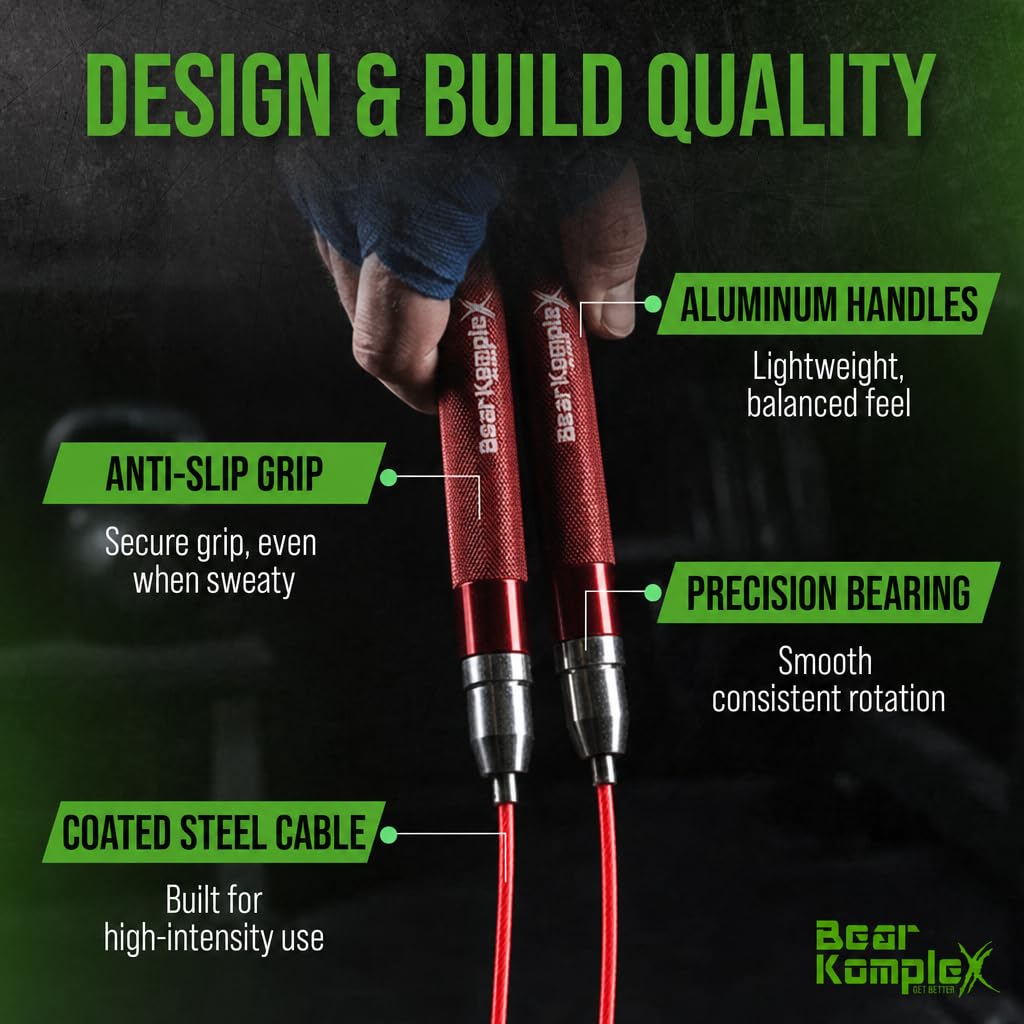 Bear KompleX Das Springseil von Hummer ist ideal für Crossfit, Double Unders, Boxen, Fitness und Kondition. Leichtes Kabel und leicht verstellbarer Aluminiumgriff ermöglichen es Ihnen, Ihre WODs zu