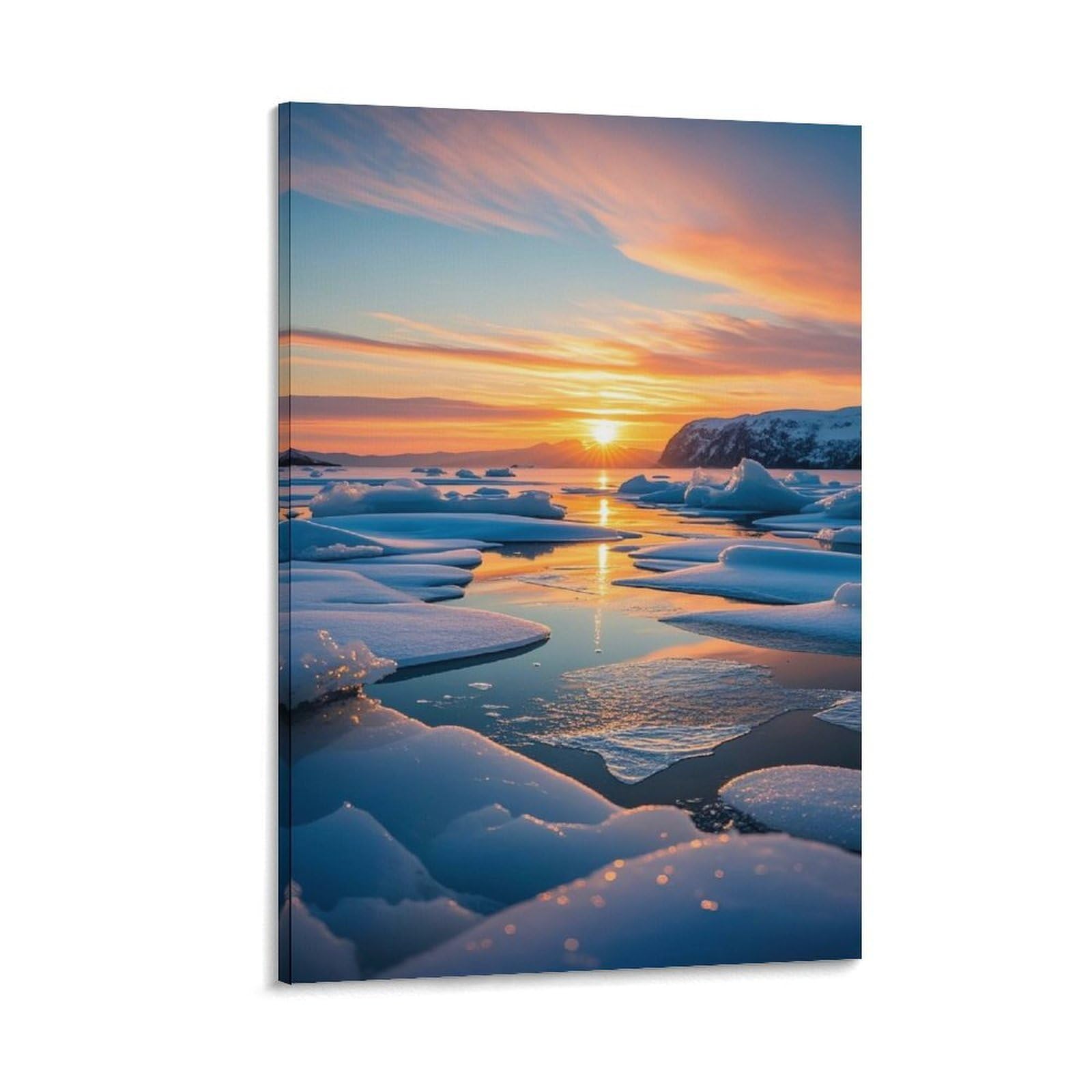 IEJKLUVWX Icy Lake Sunset Wall Pictures Frozen Lake Waterproof Canvas Moisture Resistant Ready to Hang for Sofa Background Nursery Housewarming Gift Original 12x18inch(30x45cm)