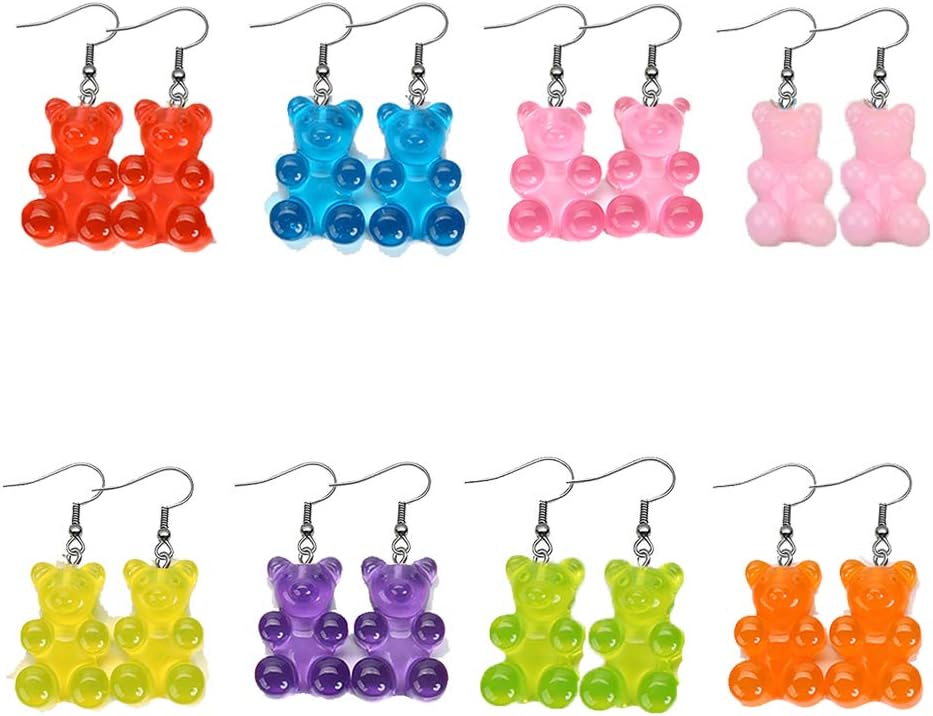 RUIZHEN 8 Pairs Set Colorful Resin Candy Gummy Bear Dangle Earrings Gift for Women Girls