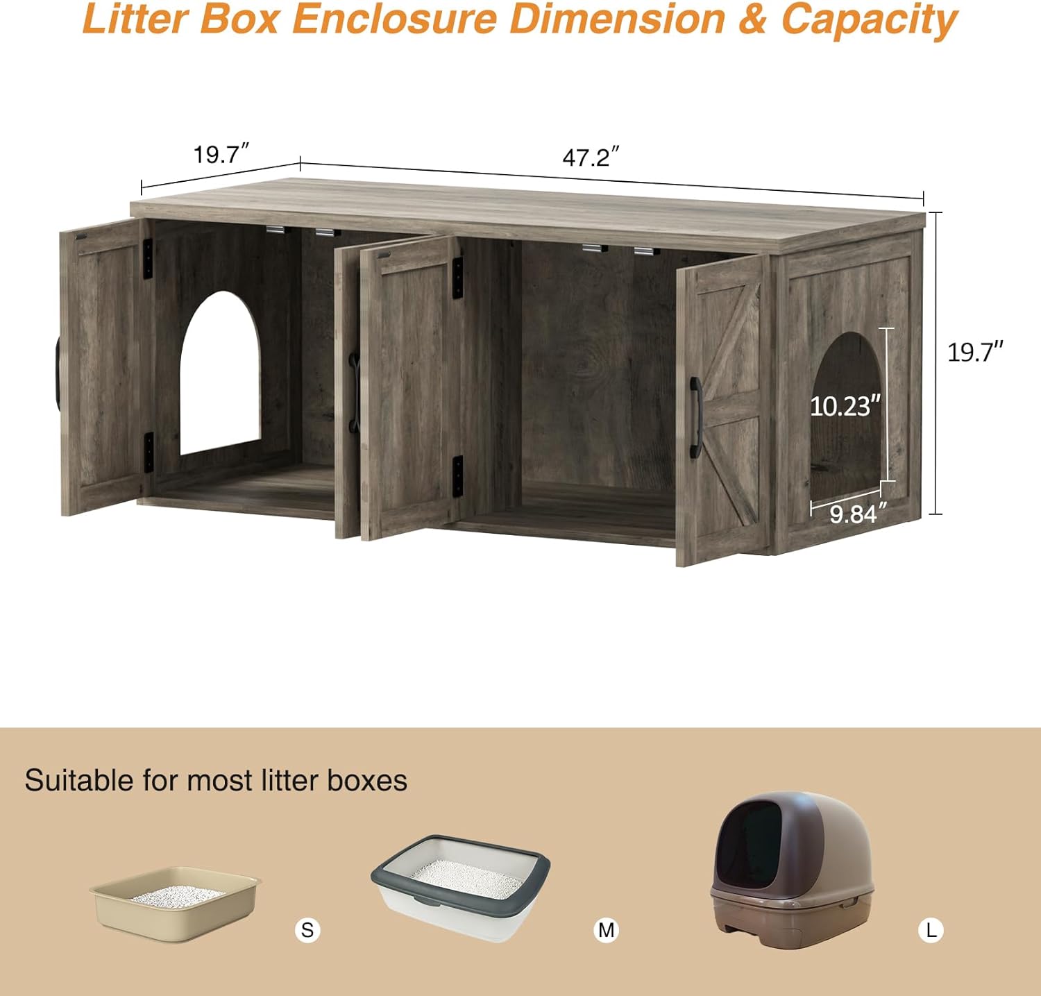 Close-up of the Halitaa Litter Box Enclosure showing magnetic latch, sleek handle, and durable hinge