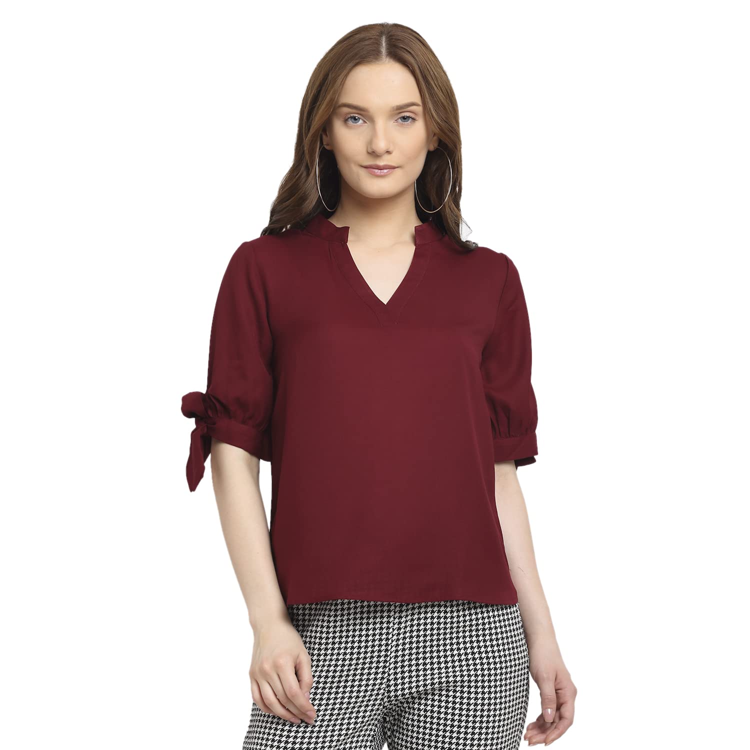 La Zoire Solid V-Neck Tops with Tie-ups
