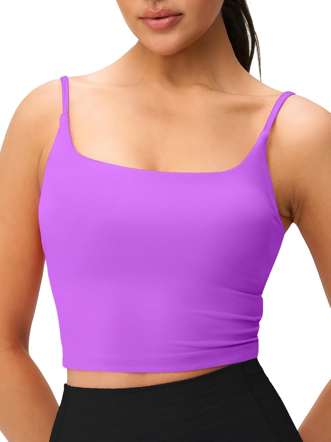 Womens Scoop Neck Longline Padded Sports Bra Adjustable Strappy Butter Workout Crop Tank Top,Light Compression