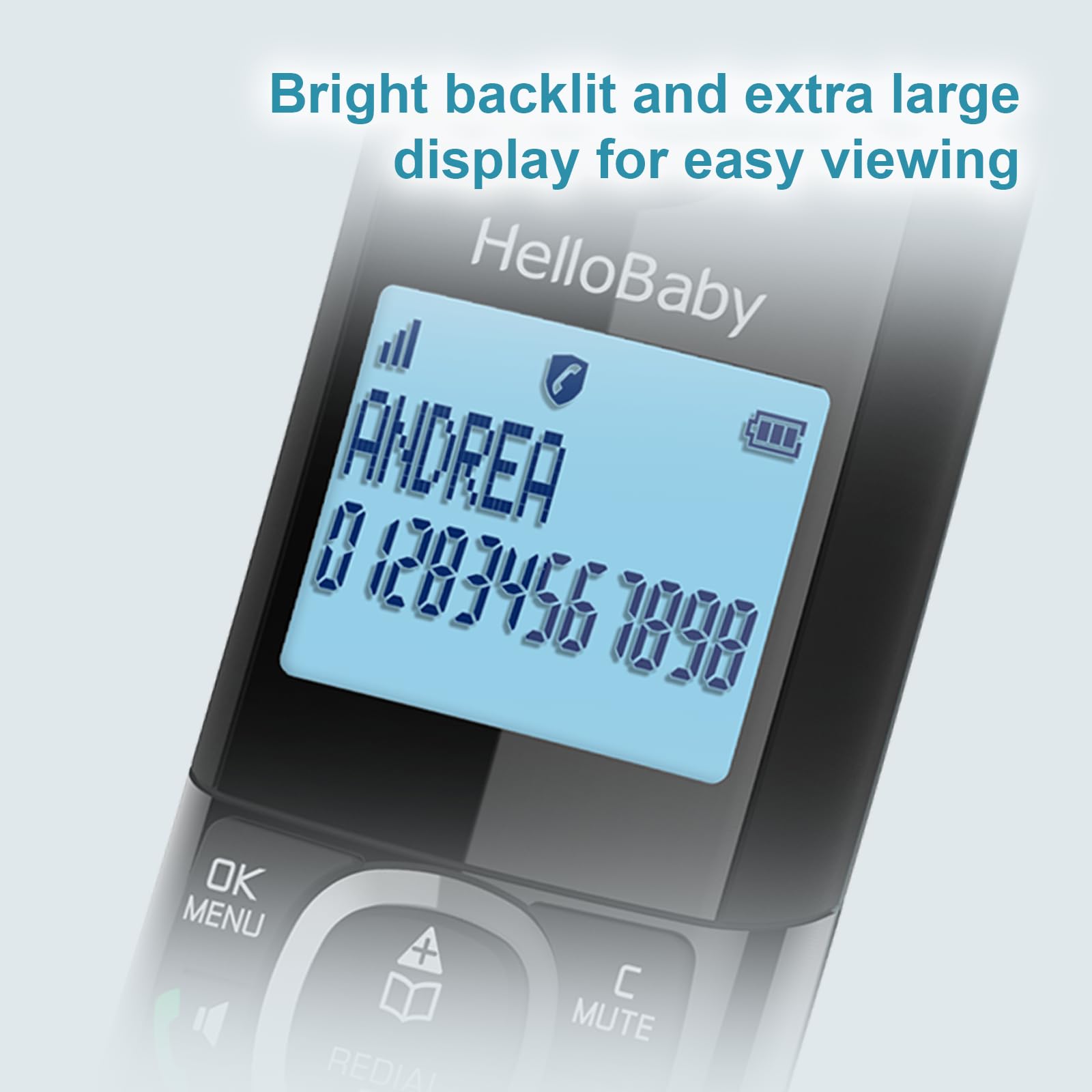 Close-up of the handset's bright backlit display showing a caller's name and number.