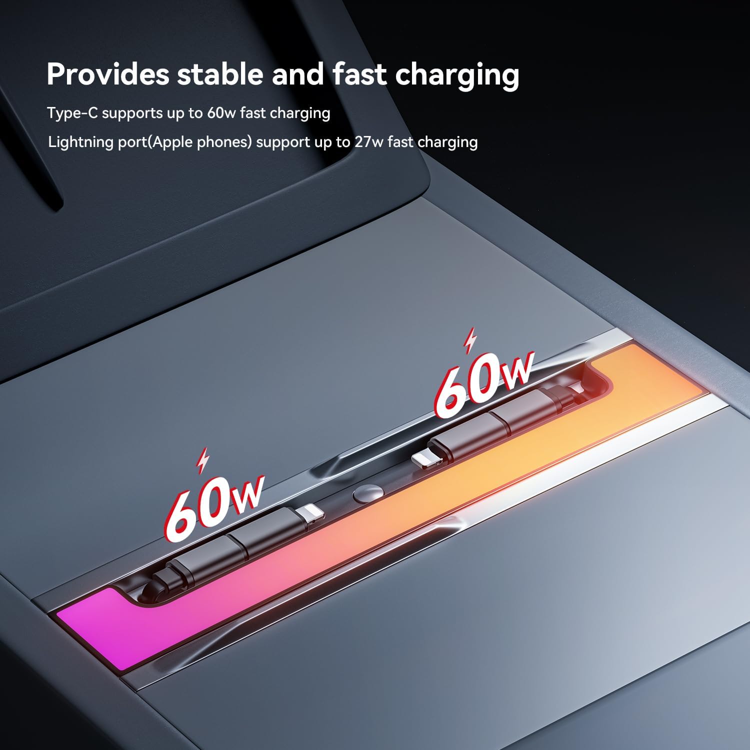 Model Y Juniper Hidden Console Charging Hub 2025-2026, Tesla Model 3 Highland 2024-2025 Interior Accessories Docking Station, Quick Charger with Retractable Cable, Type-C to Lightning, 60W GaN