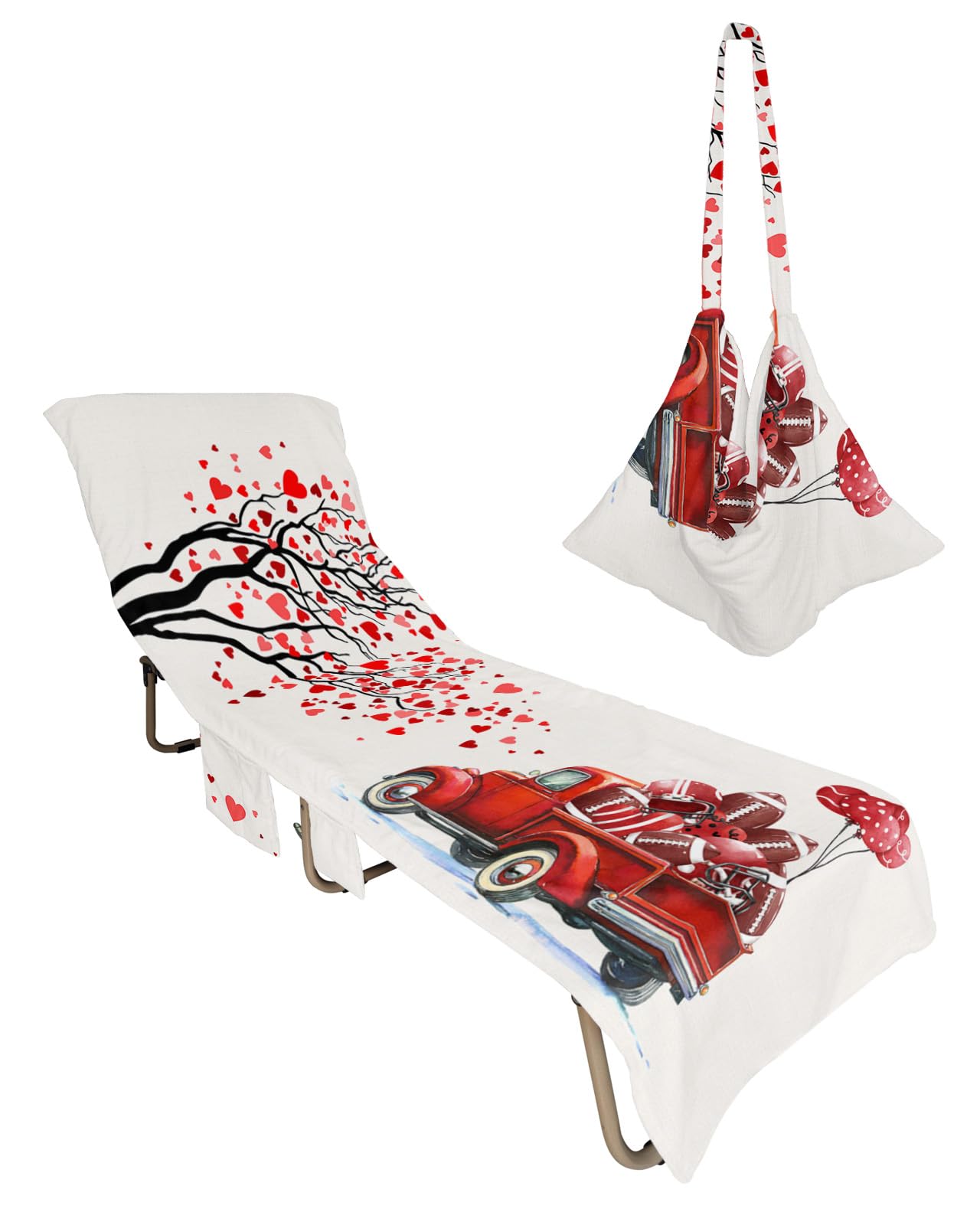 Red Love Heart Tree Valentines Beach Lounge Chair Towel Cover, Soft Chaise Lounge Towel with Side Pockets Patio Pool Chairs Cover for Beach/Pool Sunbathing 29x85 Football Truck