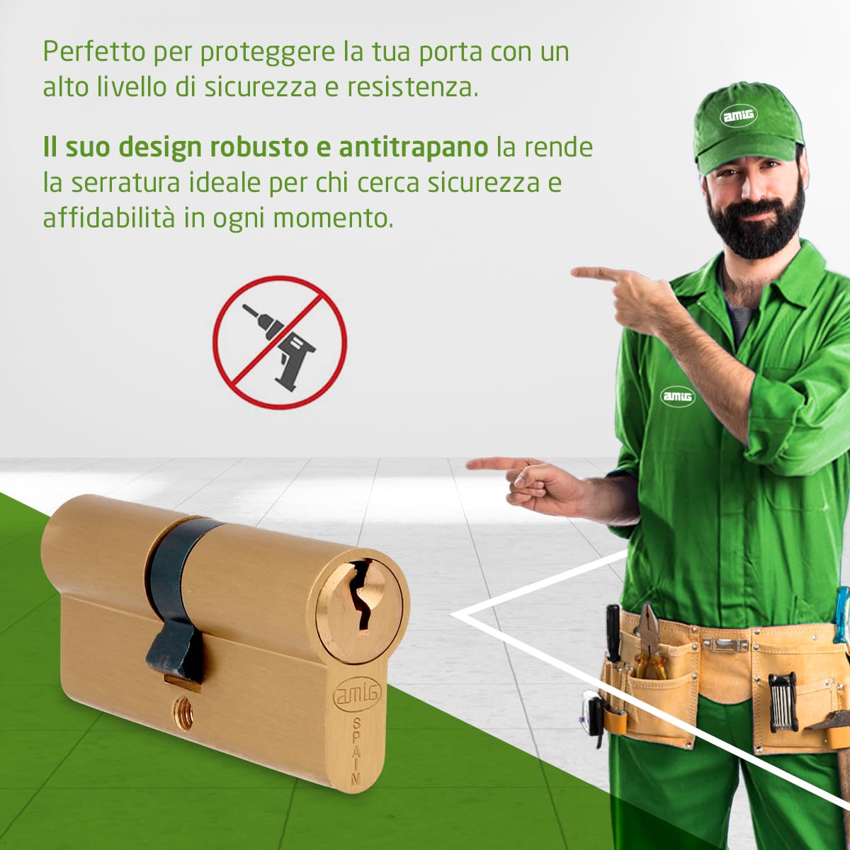 AMIG - Cilindro Serratura di Sicurezza per Porte in Legno - Misura 54 (27-27) mm - 5 Pini - Antiforo - Leva di 15 mm - Include 3 Chiavi in Ottone - Finitura Opaca